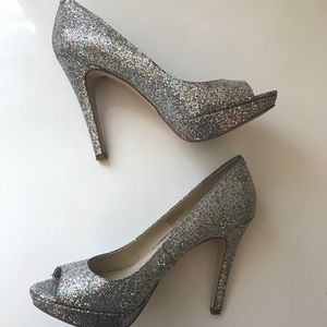 ✨ INC Peep Toe Silver Sparkle Heels ✨